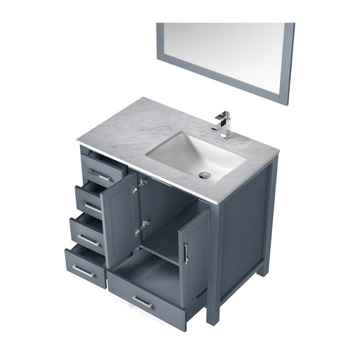 Lexora Jacques 36" Dark Grey Single Vanity, White Carrara Marble Top, White Square Sink and 34" Mirror w/ Faucet - Right Version LJ342236SBDSM34F-R