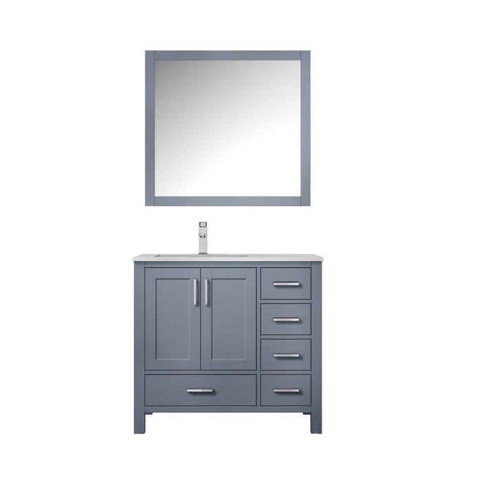 Lexora Jacques 36" Dark Grey Single Vanity, White Carrara Marble Top, White Square Sink and 34" Mirror w/ Faucet - Left Version LJ342236SBDSM34F-L