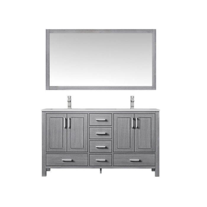 Lexora Jacques 60" Distressed Grey Double Vanity, White Carrara Marble Top, White Square Sinks and 58" Mirror LJ342260DDDSM58