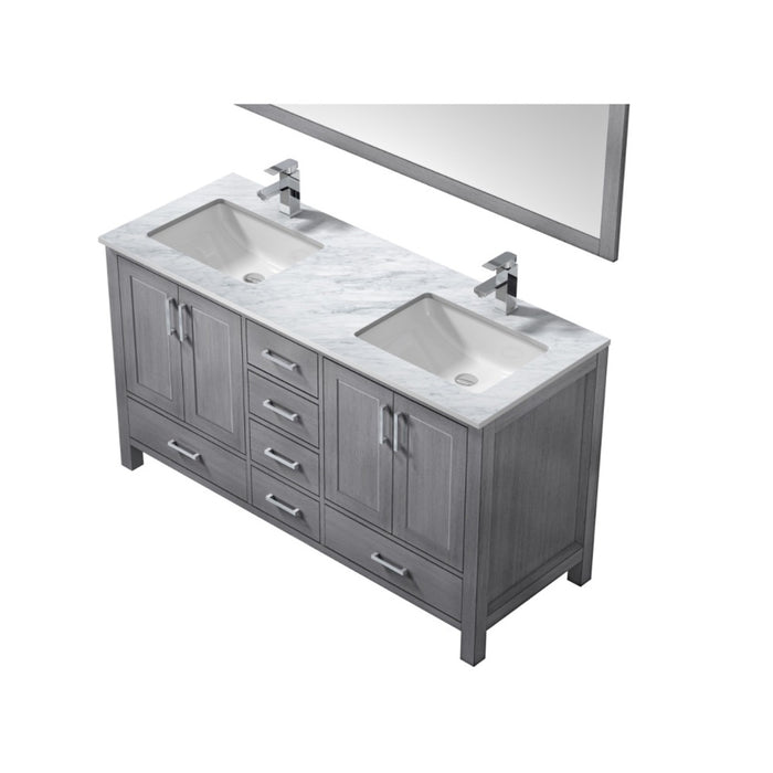 Lexora Jacques 60" Distressed Grey Double Vanity, White Carrara Marble Top, White Square Sinks and 58" Mirror LJ342260DDDSM58