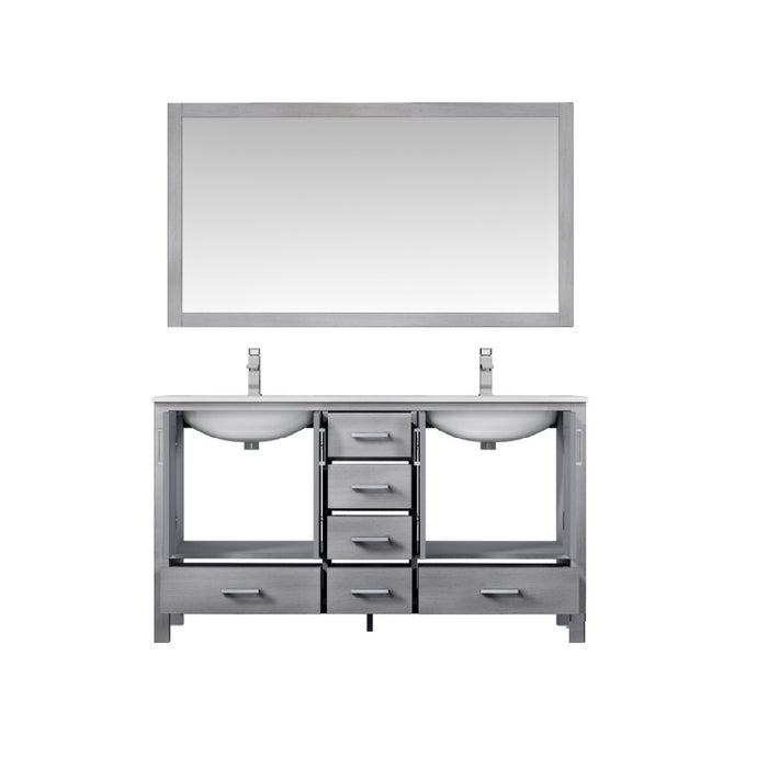 Lexora Jacques 60" Distressed Grey Double Vanity, White Carrara Marble Top, White Square Sinks and 58" Mirror LJ342260DDDSM58