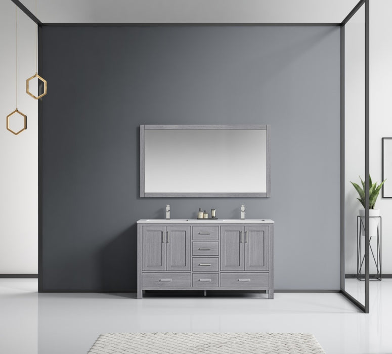 Lexora Jacques 60" Distressed Grey Double Vanity, White Carrara Marble Top, White Square Sinks and 58" Mirror LJ342260DDDSM58