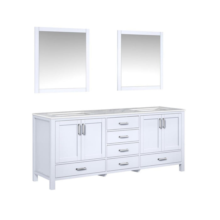 Lexora  Jacques 80" White Double Vanity, White Carrara Marble Top, White Square Sinks and 30" Mirrors LJ342280DADSM30