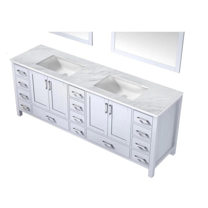 Lexora  Jacques 84" White Double Vanity, White Carrara Marble Top, White Square Sinks and 34" Mirrors LJ342284DADSM34