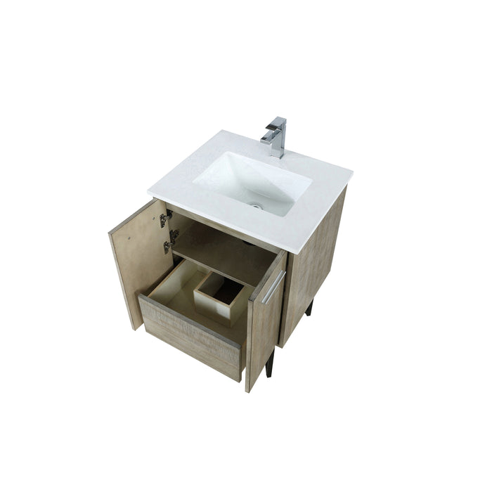 Lexora Lancy 24" Rustic Acacia Bathroom Vanity, White Quartz Top, White Square Sink, and Labaro Rose Gold Faucet Set - LLC24SKSOS000FRG