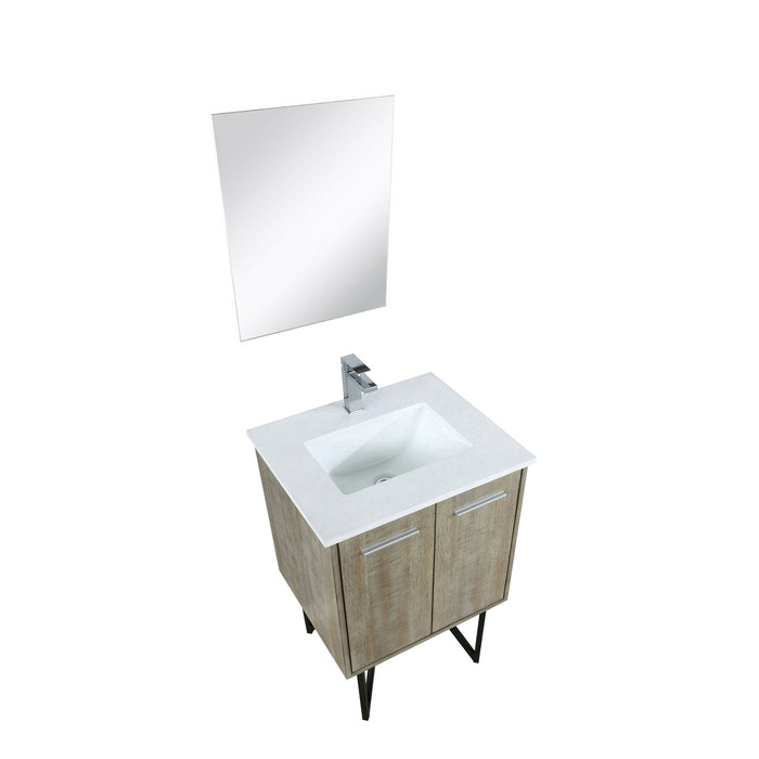 Lexora Lancy 24" Rustic Acacia Bathroom Vanity, White Quartz Top, White Square Sink, Labaro Rose Gold Faucet Set, and 18" Frameless Mirror LLC24SKSOSM18FRG