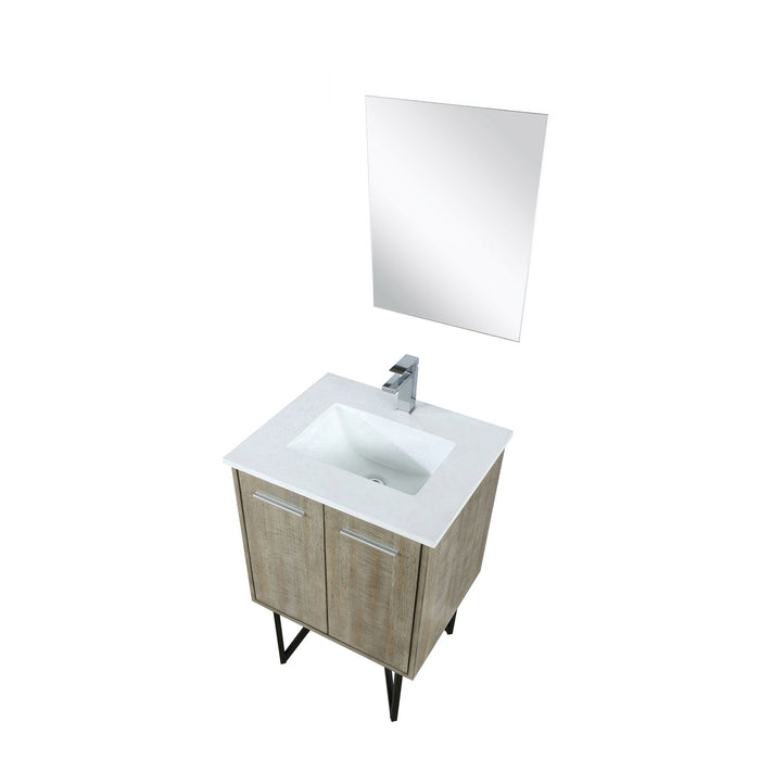 Lexora Lancy 24" Rustic Acacia Bathroom Vanity, White Quartz Top, White Square Sink, Labaro Rose Gold Faucet Set, and 18" Frameless Mirror LLC24SKSOSM18FRG