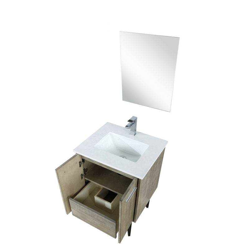 Lexora Lancy 24" Rustic Acacia Bathroom Vanity, White Quartz Top, White Square Sink, Labaro Rose Gold Faucet Set, and 18" Frameless Mirror LLC24SKSOSM18FRG