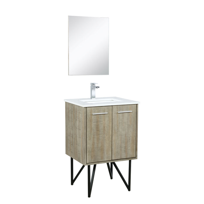 Lexora Lancy 24" Rustic Acacia Bathroom Vanity, White Quartz Top, White Square Sink, Labaro Rose Gold Faucet Set, and 18" Frameless Mirror LLC24SKSOSM18FRG