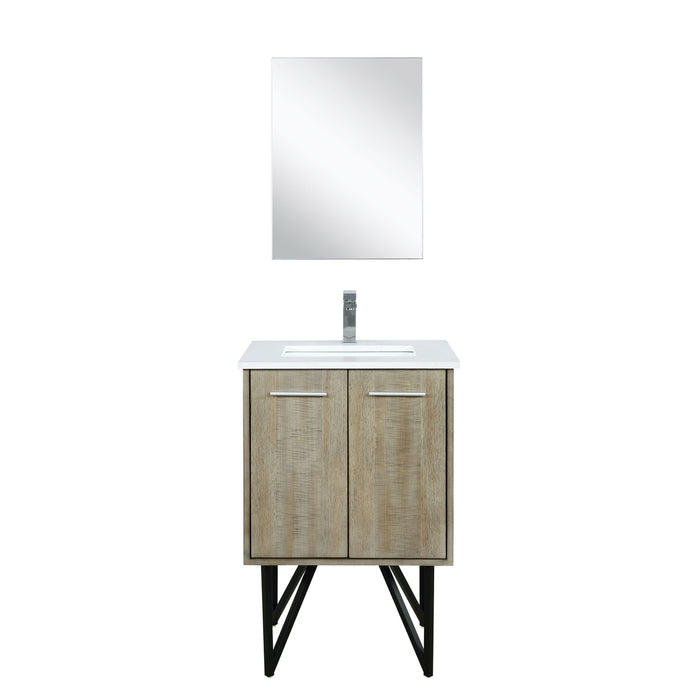 Lexora Lancy 24" Rustic Acacia Bathroom Vanity, White Quartz Top, White Square Sink, Balzani Gun Metal Faucet Set, and 18" Frameless Mirror LLC24SKSOSM18FGM