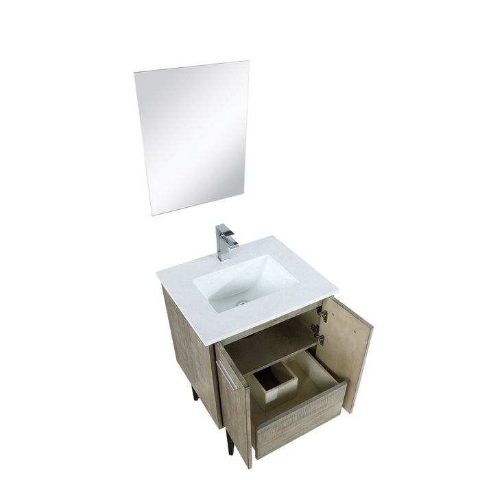 Lexora Lancy 24" Rustic Acacia Bathroom Vanity, White Quartz Top, White Square Sink, Balzani Gun Metal Faucet Set, and 18" Frameless Mirror LLC24SKSOSM18FGM