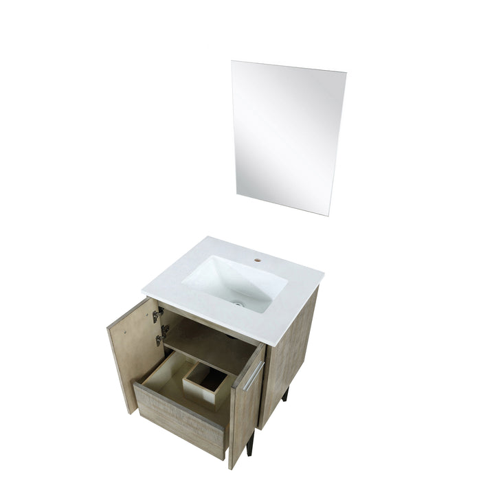 Lexora Lancy 24" Rustic Acacia Bathroom Vanity, White Quartz Top, White Square Sink, and 18" Frameless Mirror - LLC24SKSOSM18