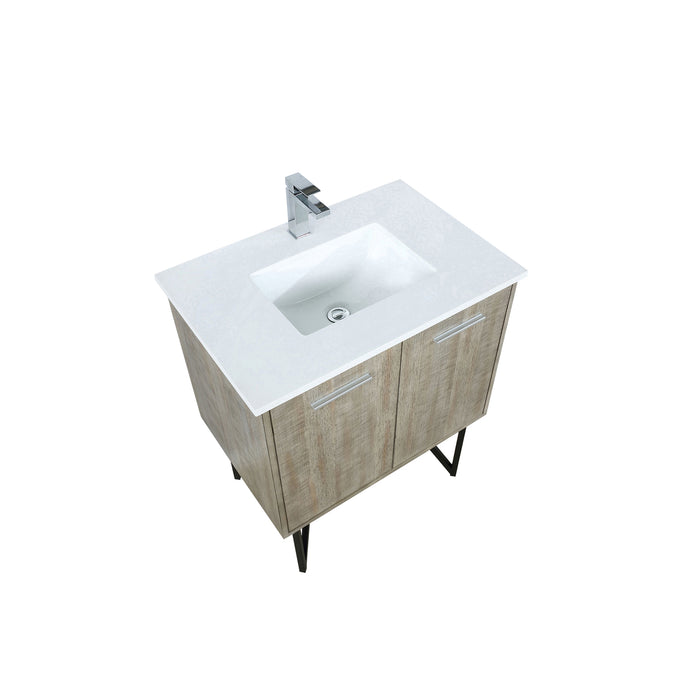 Lexora Lancy 30" Rustic Acacia Bathroom Vanity, White Quartz Top, White Square Sink, and Balzani Gun Metal Faucet SetLLC30SKSOS000FGM