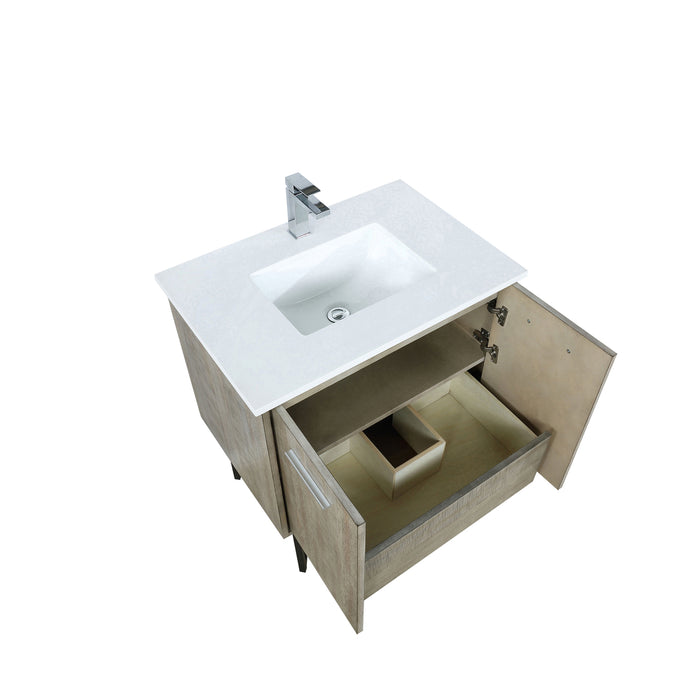 Lexora Lancy 30" Rustic Acacia Bathroom Vanity, White Quartz Top, White Square Sink, and Labaro Rose Gold Faucet Set LLC30SKSOS000FRG