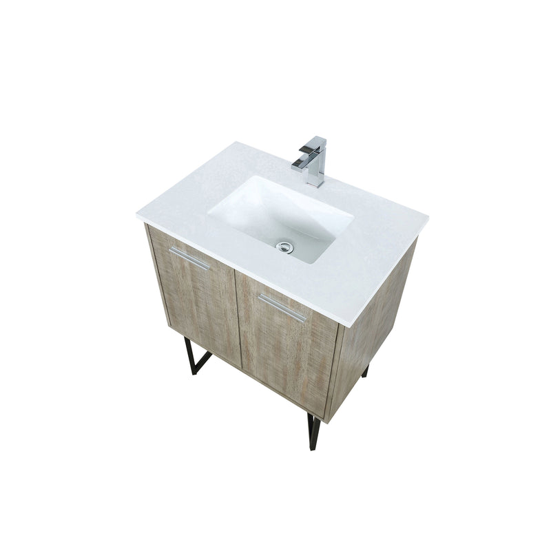 Lexora Lancy 30" Rustic Acacia Bathroom Vanity, White Quartz Top, White Square Sink, and Labaro Rose Gold Faucet Set LLC30SKSOS000FRG