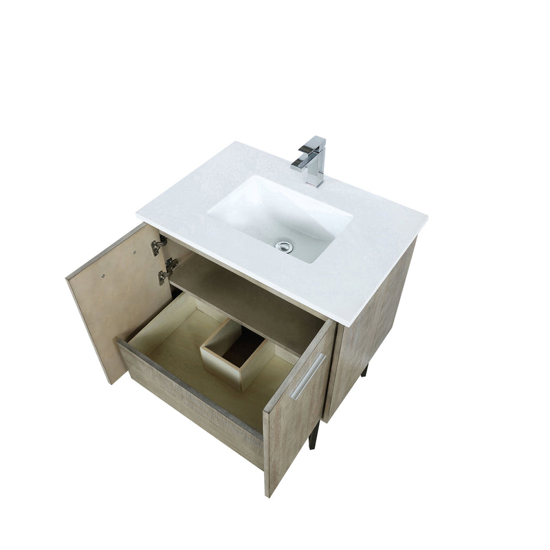 Lexora Lancy 30" Rustic Acacia Bathroom Vanity, White Quartz Top, White Square Sink, and Labaro Rose Gold Faucet Set LLC30SKSOS000FRG
