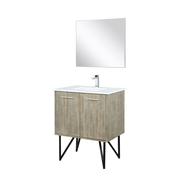 Lexora Lancy 30" Rustic Acacia Bathroom Vanity, White Quartz Top, White Square Sink, Labaro Brushed Nickel Faucet Set, and 28" Frameless Mirror LLC30SKSOSM28FBN