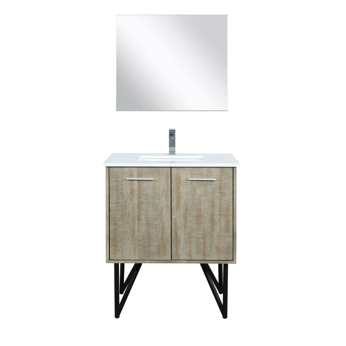 Lexora Lancy 30" Rustic Acacia Bathroom Vanity, White Quartz Top, White Square Sink, Labaro Brushed Nickel Faucet Set, and 28" Frameless Mirror LLC30SKSOSM28FBN