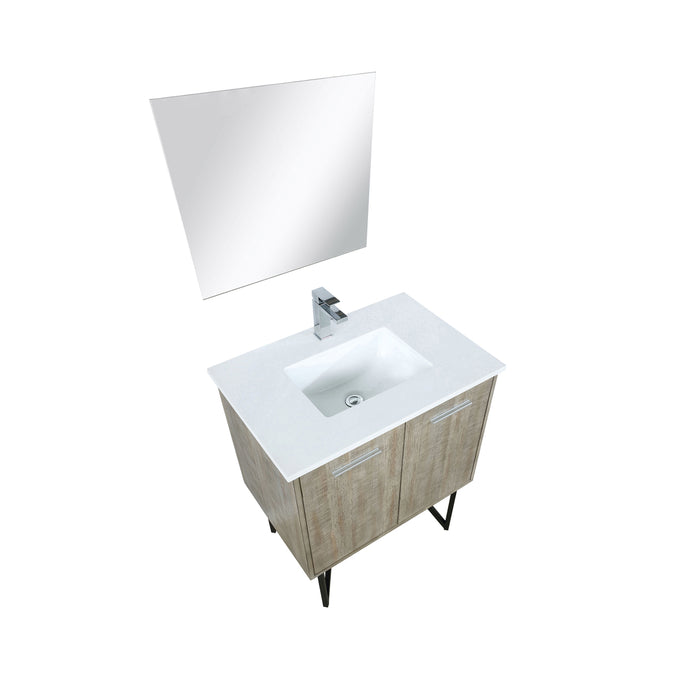 Lexora Lancy 30" Rustic Acacia Bathroom Vanity, White Quartz Top, White Square Sink, Labaro Brushed Nickel Faucet Set, and 28" Frameless Mirror LLC30SKSOSM28FBN