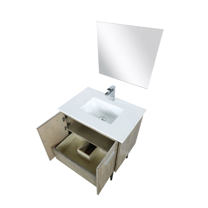 Lexora Lancy 30" Rustic Acacia Bathroom Vanity, White Quartz Top, White Square Sink, Labaro Brushed Nickel Faucet Set, and 28" Frameless Mirror LLC30SKSOSM28FBN