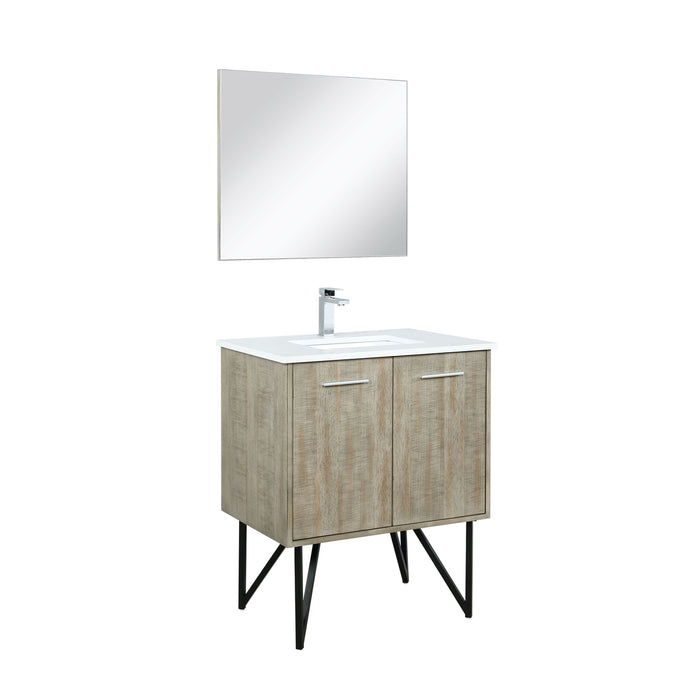 Lexora Lancy 30" Rustic Acacia Bathroom Vanity, White Quartz Top, White Square Sink, Labaro Brushed Nickel Faucet Set, and 28" Frameless Mirror LLC30SKSOSM28FBN