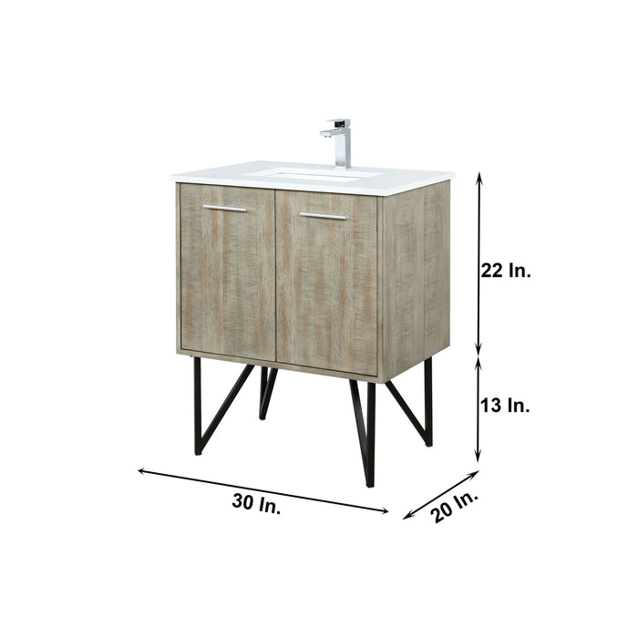 Lexora Lancy 30" Rustic Acacia Bathroom Vanity, White Quartz Top, White Square Sink, Balzani Gun Metal Faucet Set, and 28" Frameless Mirror LLC30SKSOSM28FGM