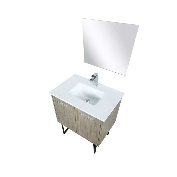 Lexora Lancy 30" Rustic Acacia Bathroom Vanity, White Quartz Top, White Square Sink, Balzani Gun Metal Faucet Set, and 28" Frameless Mirror LLC30SKSOSM28FGM