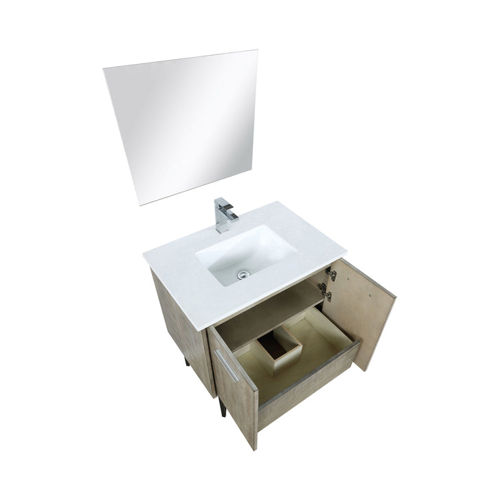 Lexora Lancy 30" Rustic Acacia Bathroom Vanity, White Quartz Top, White Square Sink, Labaro Rose Gold Faucet Set, and 28" Frameless Mirror LLC30SKSOSM28FRG