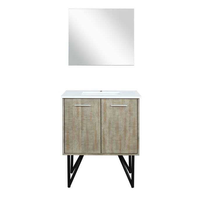 Lexora Lancy 30" Rustic Acacia Bathroom Vanity, White Quartz Top, White Square Sink, and 28" Frameless Mirror  LLC30SKSOSM28