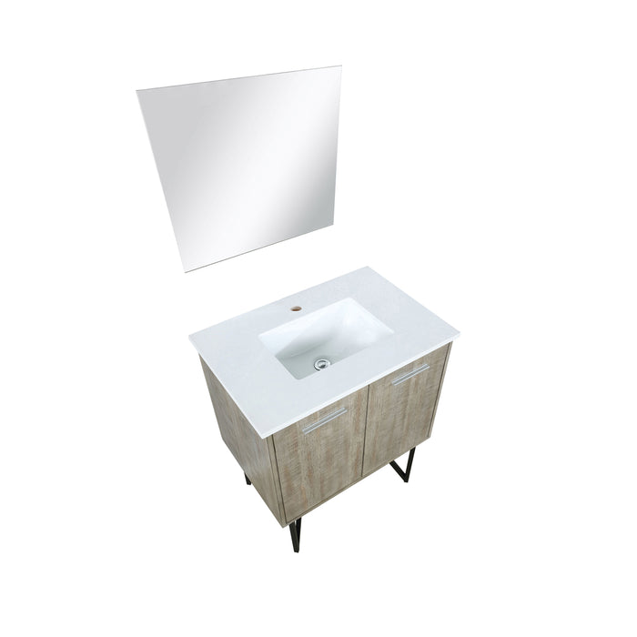 Lexora Lancy 30" Rustic Acacia Bathroom Vanity, White Quartz Top, White Square Sink, and 28" Frameless Mirror  LLC30SKSOSM28