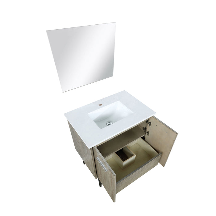 Lexora Lancy 30" Rustic Acacia Bathroom Vanity, White Quartz Top, White Square Sink, and 28" Frameless Mirror  LLC30SKSOSM28