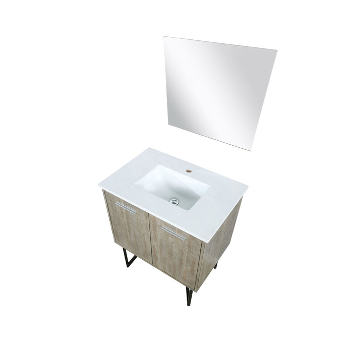 Lexora Lancy 30" Rustic Acacia Bathroom Vanity, White Quartz Top, White Square Sink, and 28" Frameless Mirror  LLC30SKSOSM28