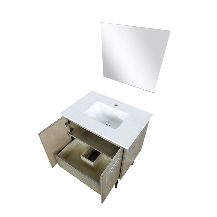 Lexora Lancy 30" Rustic Acacia Bathroom Vanity, White Quartz Top, White Square Sink, and 28" Frameless Mirror  LLC30SKSOSM28