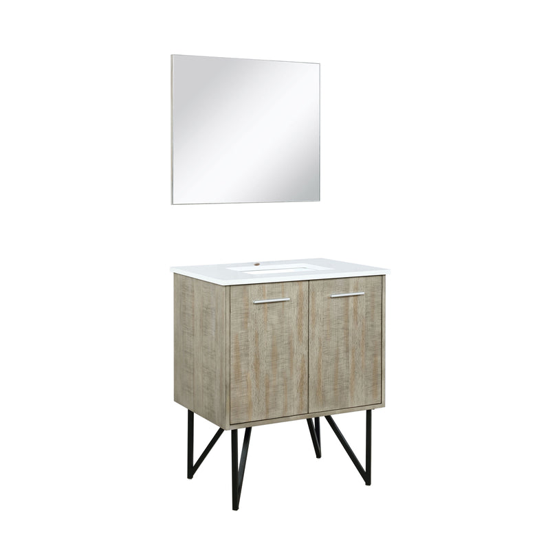 Lexora Lancy 30" Rustic Acacia Bathroom Vanity, White Quartz Top, White Square Sink, and 28" Frameless Mirror  LLC30SKSOSM28