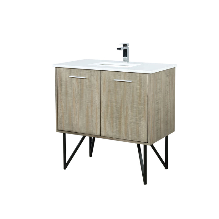 Lexora Lancy 36" Rustic Acacia Bathroom Vanity, White Quartz Top, White Square Sink, and Labaro Brushed Nickel Faucet Set LLC36SKSOS000FBN