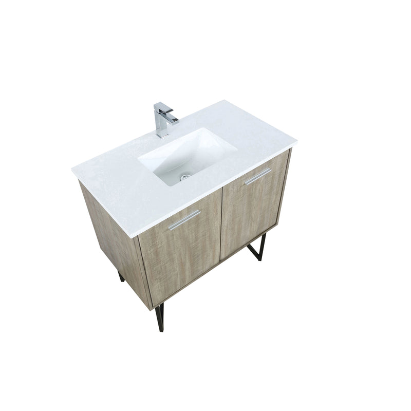 Lexora Lancy 36" Rustic Acacia Bathroom Vanity, White Quartz Top, White Square Sink, and Labaro Brushed Nickel Faucet Set LLC36SKSOS000FBN