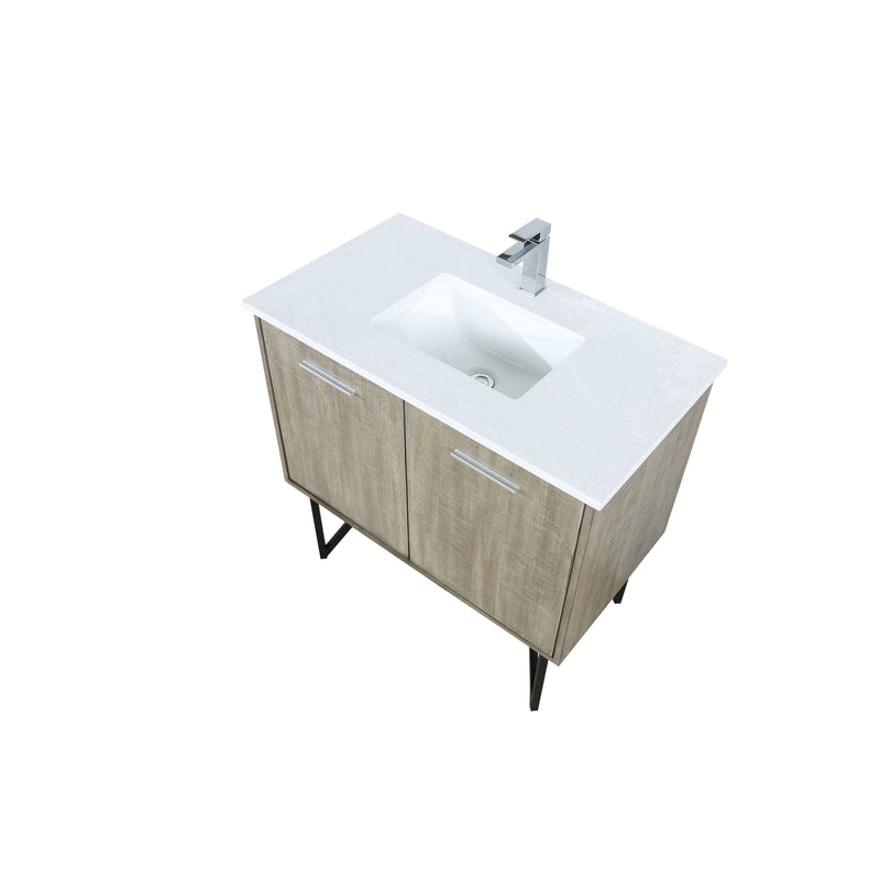 Lexora Lancy 36" Rustic Acacia Bathroom Vanity, White Quartz Top, White Square Sink, and Labaro Brushed Nickel Faucet Set LLC36SKSOS000FBN