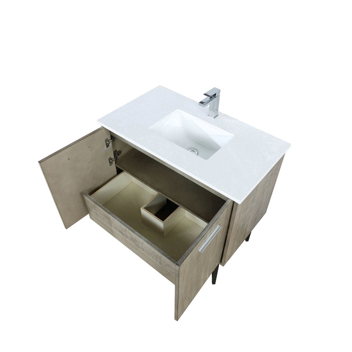 Lexora Lancy 36" Rustic Acacia Bathroom Vanity, White Quartz Top, White Square Sink, and Labaro Brushed Nickel Faucet Set LLC36SKSOS000FBN