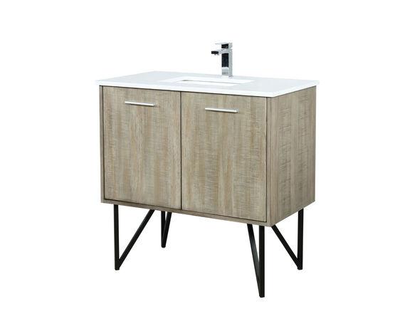 Lexora Lancy 36" Rustic Acacia Bathroom Vanity, White Quartz Top, White Square Sink, and Balzani Gun Metal Faucet Set LLC36SKSOS000FGM