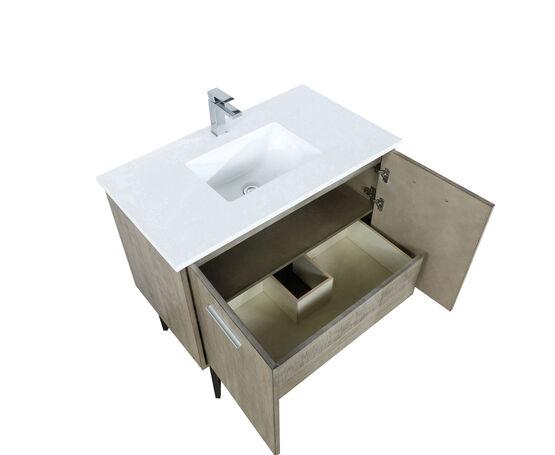 Lexora Lancy 36" Rustic Acacia Bathroom Vanity, White Quartz Top, White Square Sink, and Balzani Gun Metal Faucet Set LLC36SKSOS000FGM