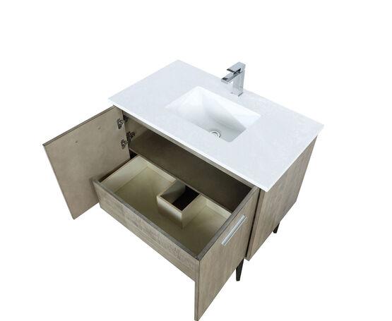 Lexora Lancy 36" Rustic Acacia Bathroom Vanity, White Quartz Top, White Square Sink, and Balzani Gun Metal Faucet Set LLC36SKSOS000FGM