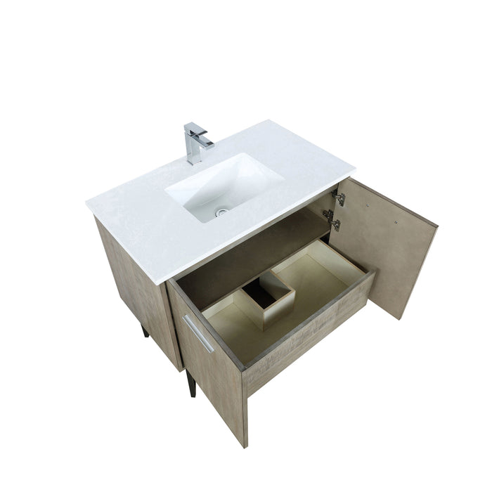 Lexora Lancy 36" Rustic Acacia Bathroom Vanity, White Quartz Top, White Square Sink, and Labaro Rose Gold Faucet Set LLC36SKSOS000FRG