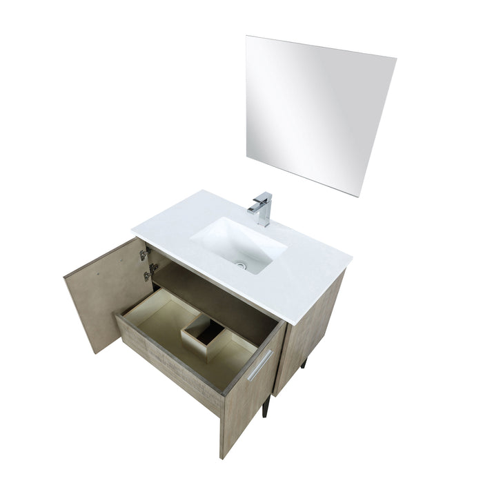 Lexora Lancy 36" Rustic Acacia Bathroom Vanity, White Quartz Top, White Square Sink, Labaro Brushed Nickel Faucet Set, and 28" Frameless Mirror LLC36SKSOSM28FBN