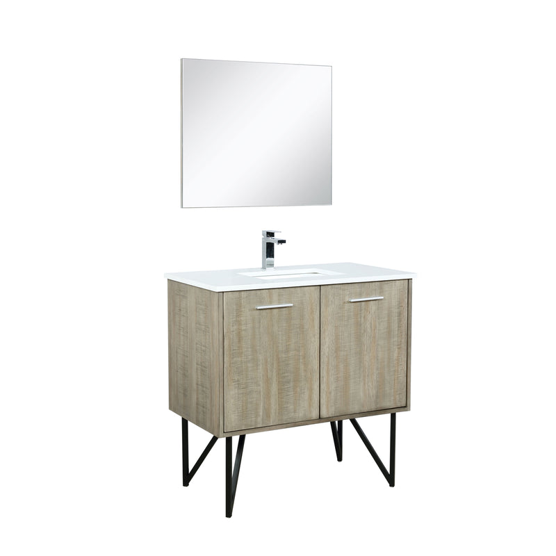 Lexora Lancy 36" Rustic Acacia Bathroom Vanity, White Quartz Top, White Square Sink, Labaro Brushed Nickel Faucet Set, and 28" Frameless Mirror LLC36SKSOSM28FBN