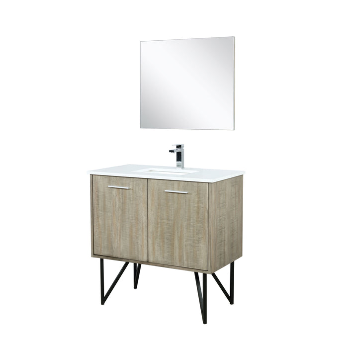 Lexora Lancy 36" Rustic Acacia Bathroom Vanity, White Quartz Top, White Square Sink, Balzani Gun Metal Faucet Set, and 28" Frameless Mirror LLC36SKSOSM28FGM