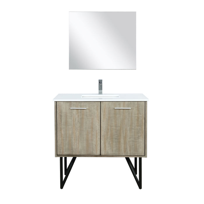 Lexora Lancy 36" Rustic Acacia Bathroom Vanity, White Quartz Top, White Square Sink, Balzani Gun Metal Faucet Set, and 28" Frameless Mirror LLC36SKSOSM28FGM