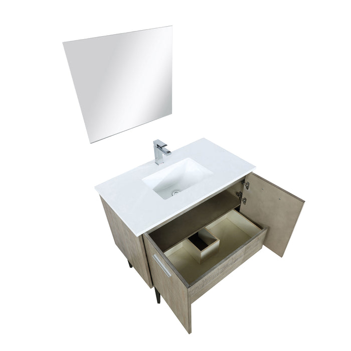 Lexora Lancy 36" Rustic Acacia Bathroom Vanity, White Quartz Top, White Square Sink, Balzani Gun Metal Faucet Set, and 28" Frameless Mirror LLC36SKSOSM28FGM