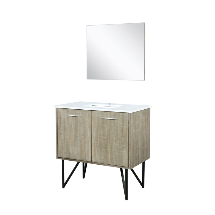 Lexora Lancy 36" Rustic Acacia Bathroom Vanity, White Quartz Top, White Square Sink, and 28" Frameless Mirro LLC36SKSOSM28