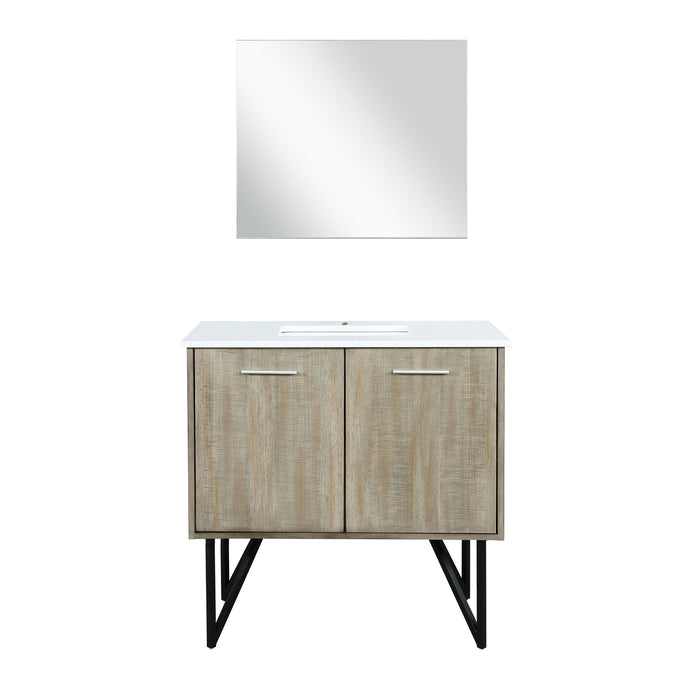 Lexora Lancy 36" Rustic Acacia Bathroom Vanity, White Quartz Top, White Square Sink, and 28" Frameless Mirro LLC36SKSOSM28