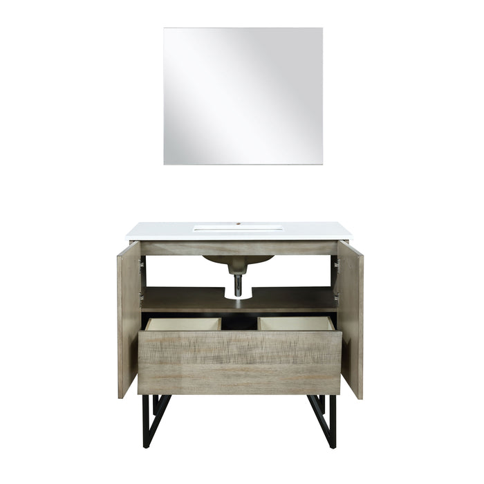 Lexora Lancy 36" Rustic Acacia Bathroom Vanity, White Quartz Top, White Square Sink, and 28" Frameless Mirro LLC36SKSOSM28